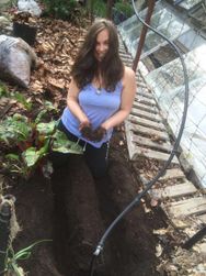 I let her get dirty to absorb the best soil microorganisms through her skin.
This is a three row carrot bed. Note the “mountains” and “Valleys”. the mountain
tops get the carrot seeds, the valleys get leafs compacted into them.