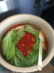 Once the crock is stuffed, large leafs make a “hat” to help contain the small
veggies.
