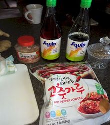 Fish sauce: Squid brand- one of many available.
Salted shrimp - many available
Hot Pepper Powder- only seems to come from China or Korea