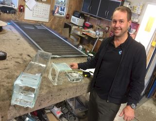 Sept 3 - Tim at Kelowna Glass to the rescue - new vessel is being fabbed and
glued.