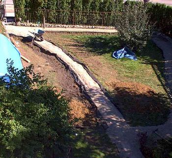 To convert a lawn into a garden you can rotor till the lawn with about 4 to 6
inches of horse manure. I went deep (16”) to level the low areas of the lawn.
Gravel paths on root barrier fabric are easy to maintain and inexpensive.